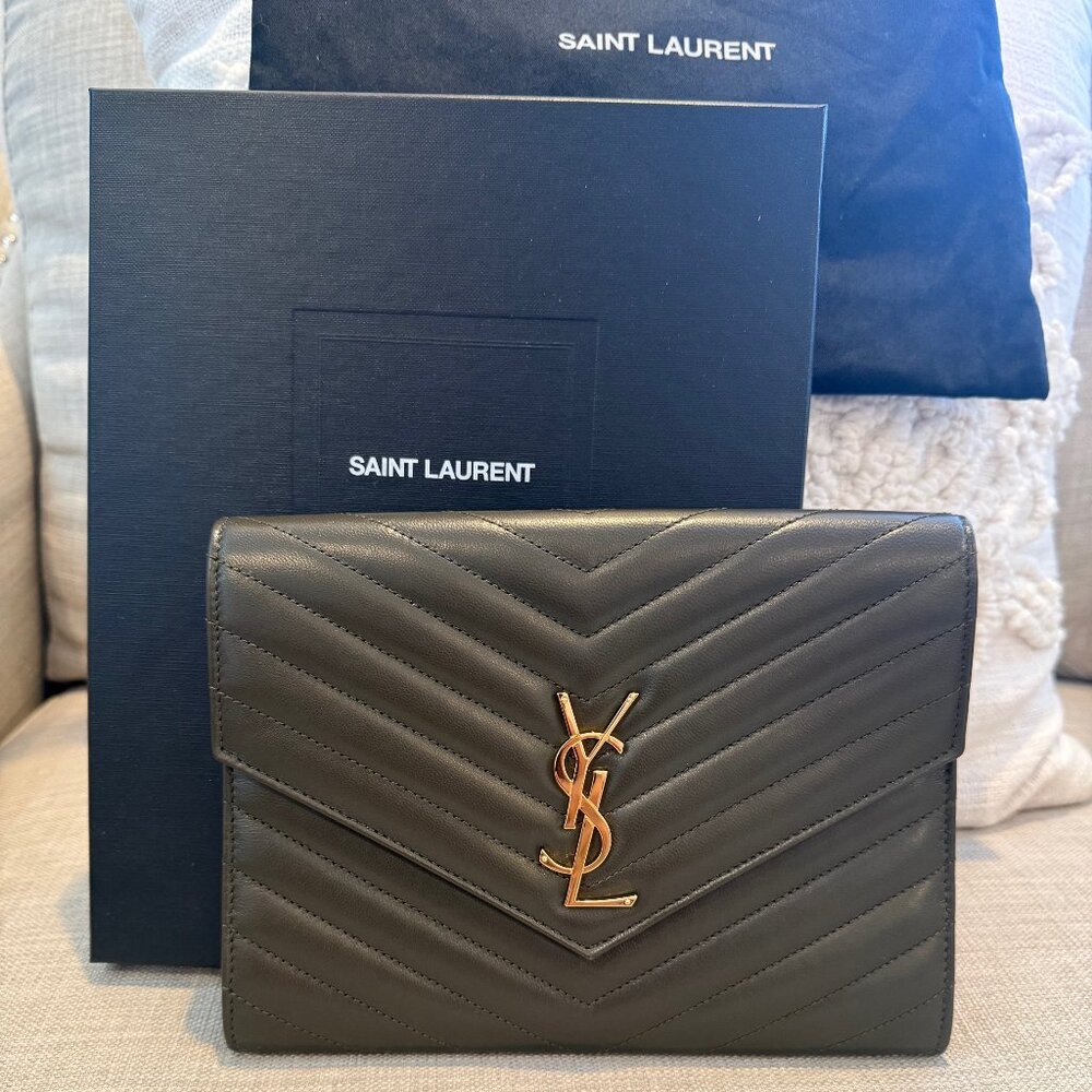 YSL Monogram Flap Clutch Bag- Dark Brown